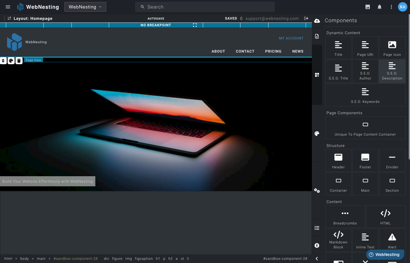 WebNesting Visual Builder with drag-and-drop components