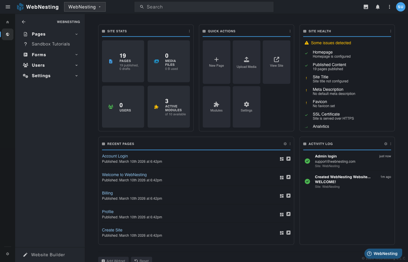 WebNesting Admin Dashboard with site stats and activity